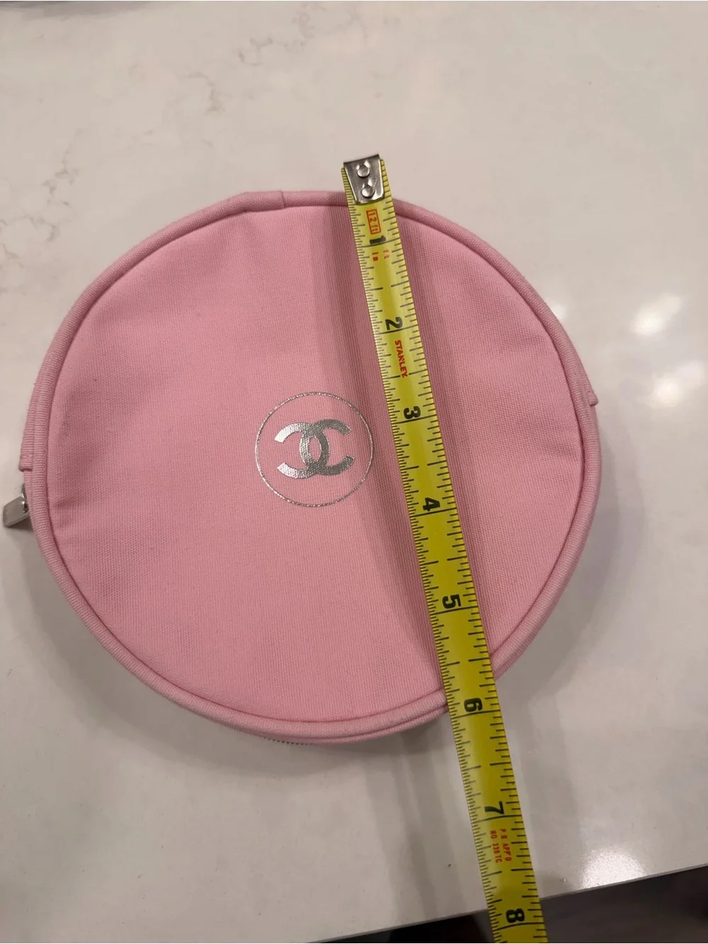 CHANEL Pink Round Cosmetic Case with Silver CC Emblem